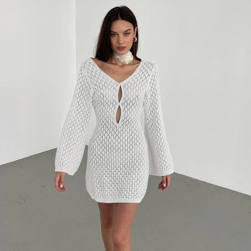 European & American Autumn/Winter Sexy Backless Knitted Long Dress Beach Cover-up