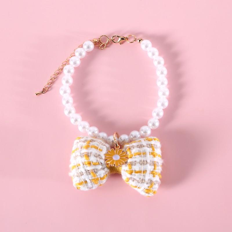 Adjustable Pet Necklace With Pearl Grid Bow Pendant Floral Daisy Design Dogs Cats Princess Birthday Accessory