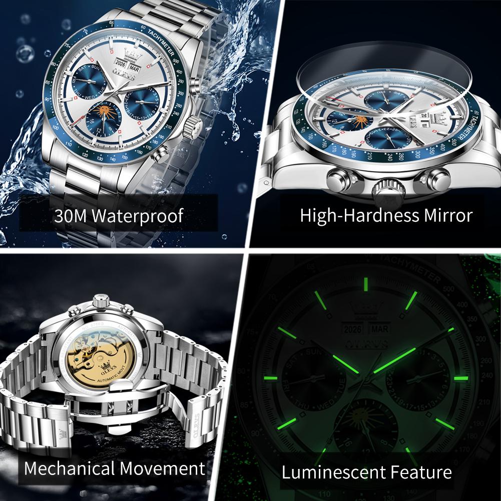 OLEVS 6756 Original Automatic Mechanical Watches Top Luxury Brand Stainless Steel Moon Phase Calendar Luxury Business Man Watch