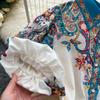 Summer Women Plus Size Turn-down Collar Lantern Sleeve Vintage Print Shirt Loose Lace-up Dresses