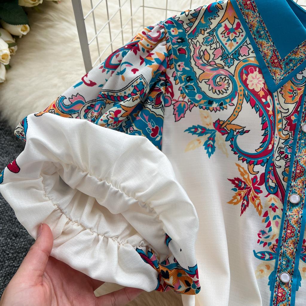 Summer Women Plus Size Turn-down Collar Lantern Sleeve Vintage Print Shirt Loose Lace-up Dresses