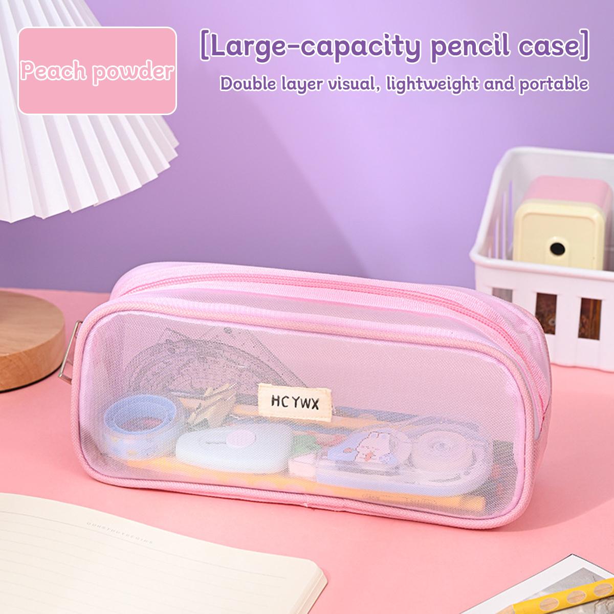 

Transparent Visible Mesh Pencil Bag Portable Large-Capacity Unisex Stationery Storage Box High-looking Simple Student Pen Bo рожевий