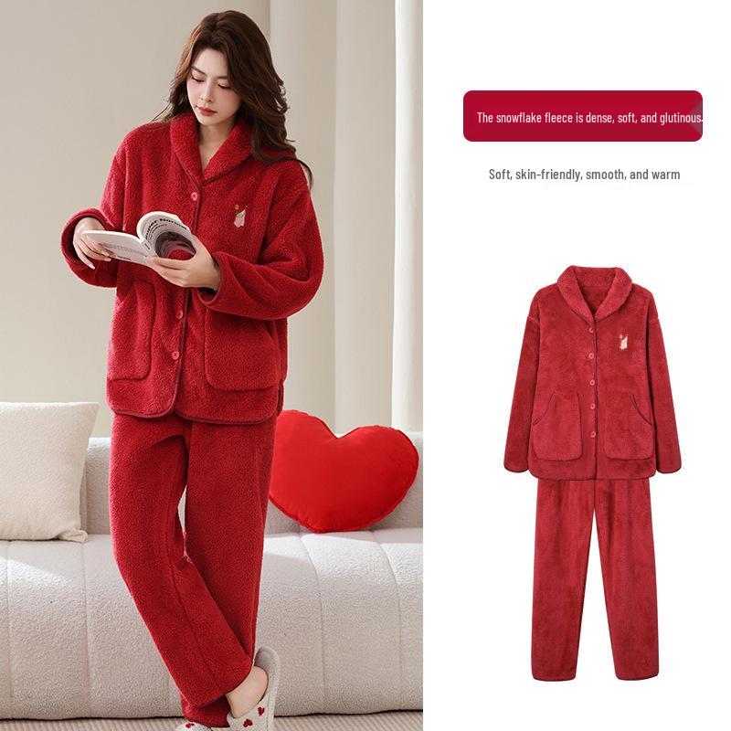 Women's Coral Fleece Pajamas, Plus Velvet, Thick, Large Size, Warm Winter Flannel Home Set for Middle-Aged and Elderly