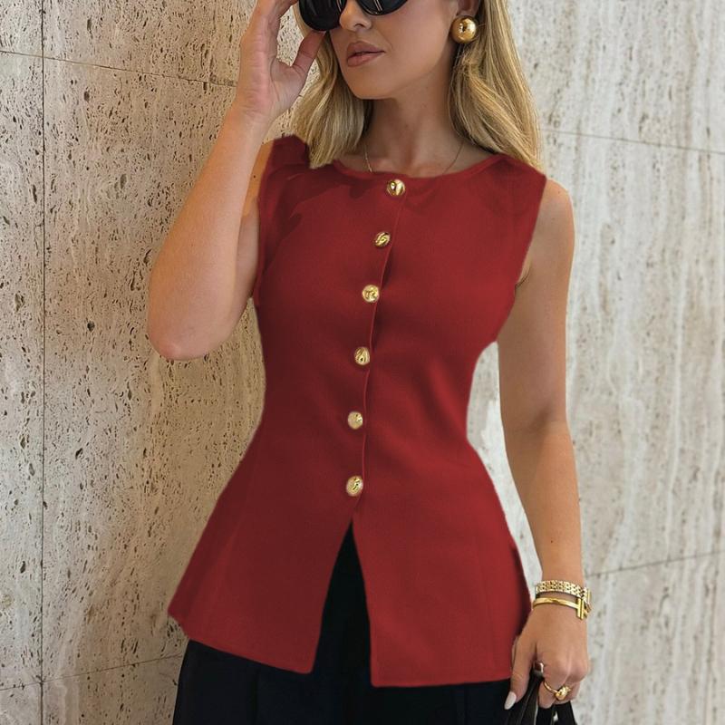 Spring and Summer Women's Metal Buckle Split Knitted Vest Slim Waistcoat Top Cardigan