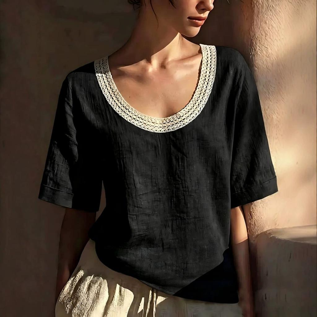 Women Vintage Short Sleeve Linen Cotton Blouse U Neck Lace Trim Casual Loose Fit Summer Top