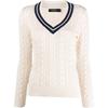 Polo SS23 Color Block Zopfmuster V-Ausschnitt Pullover Damenpullover Off-White 200902626-001