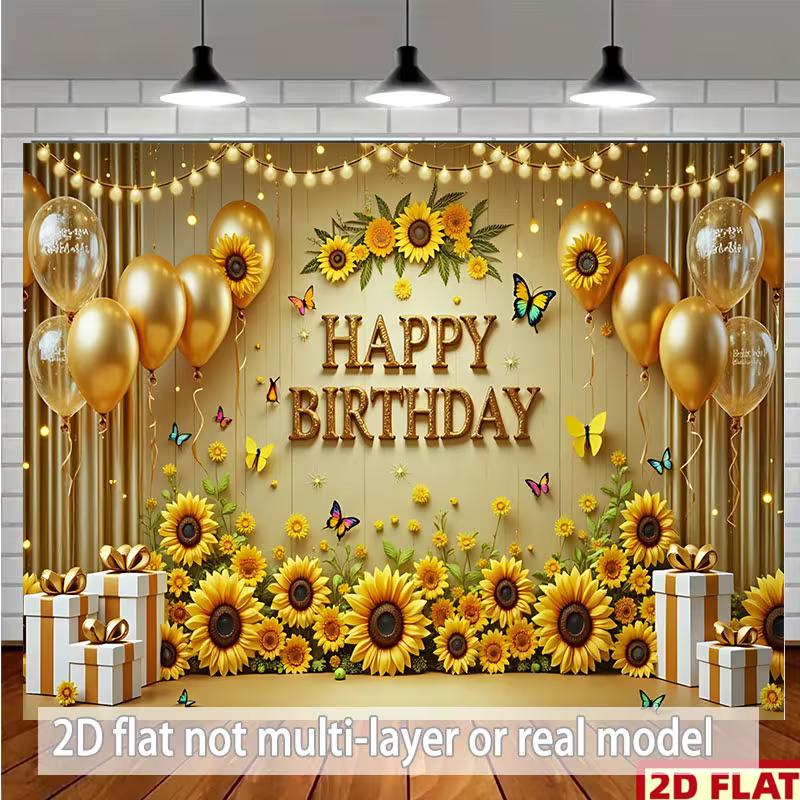2D Sunflower and Gold Balloon Themed Birthday Backdrop Photo Background Banner 47.2x31.5inch/120*80cm