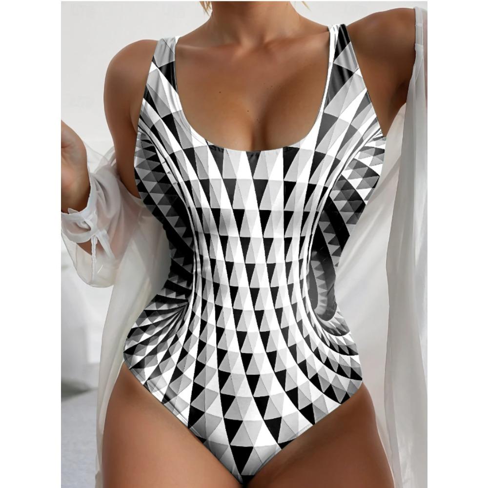 Costume da bagno intero estivo sexy con stampa geometrica, vestibilità aderente e snellente, profondo scollo a U sulla schiena, costume da bagno alla moda che attira l'attenzione per spiaggia, piscina, vacanza