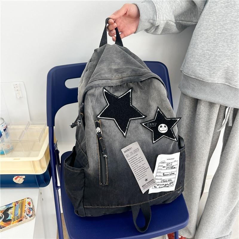 Gradientní džínový hvězdný batoh ve vintage stylu, unisex školní taška pro teenagery a vysokoškoláky, lehký prodyšný cestovní denní batoh