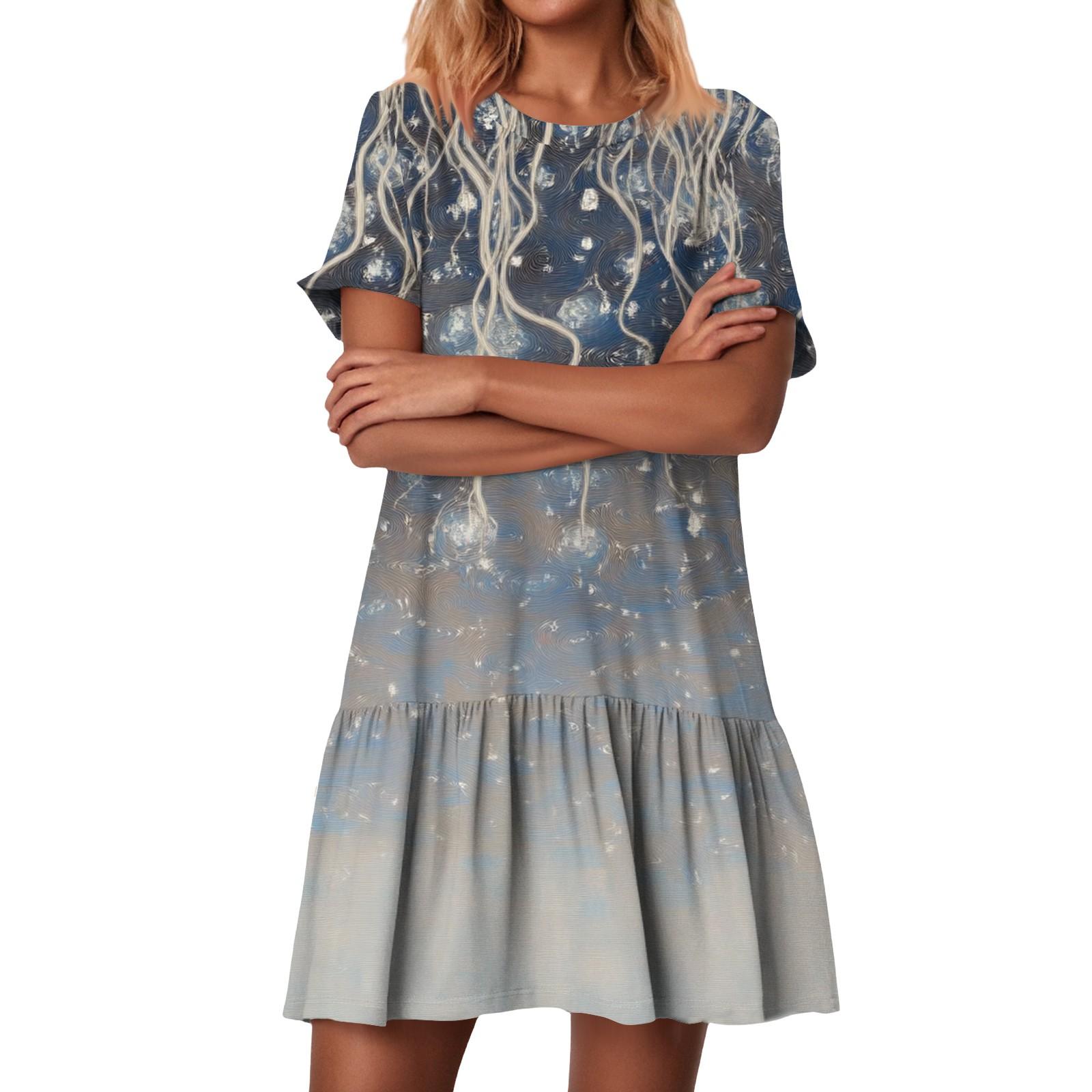 

Women s Fashion Casual Round Neck Short Sleeve Ruffled Vintage Printed Dresses S