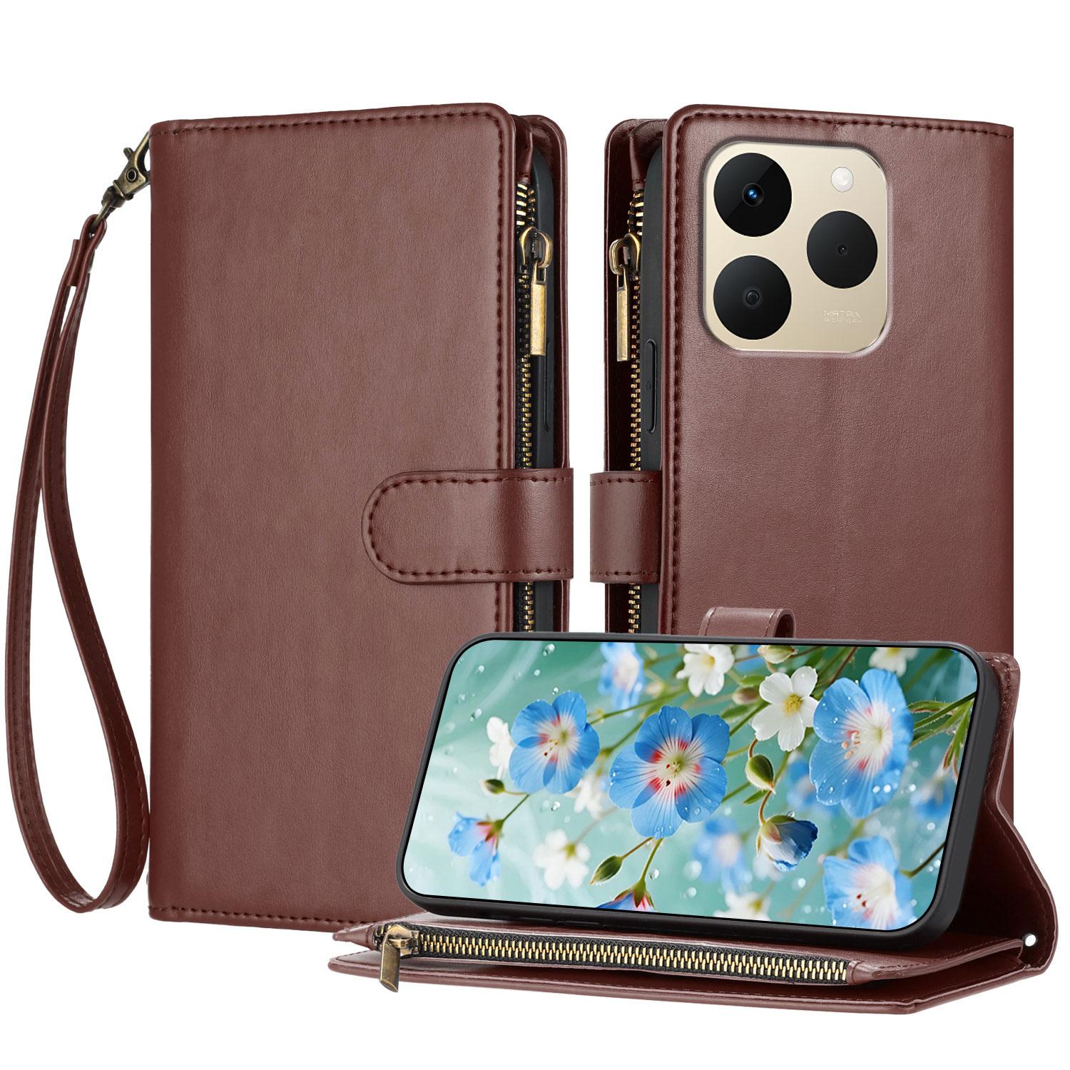 

For Realme 15T 5G Leather Case Zipper Wallet Stand Shockproof Phone Cover with Wrist Strap