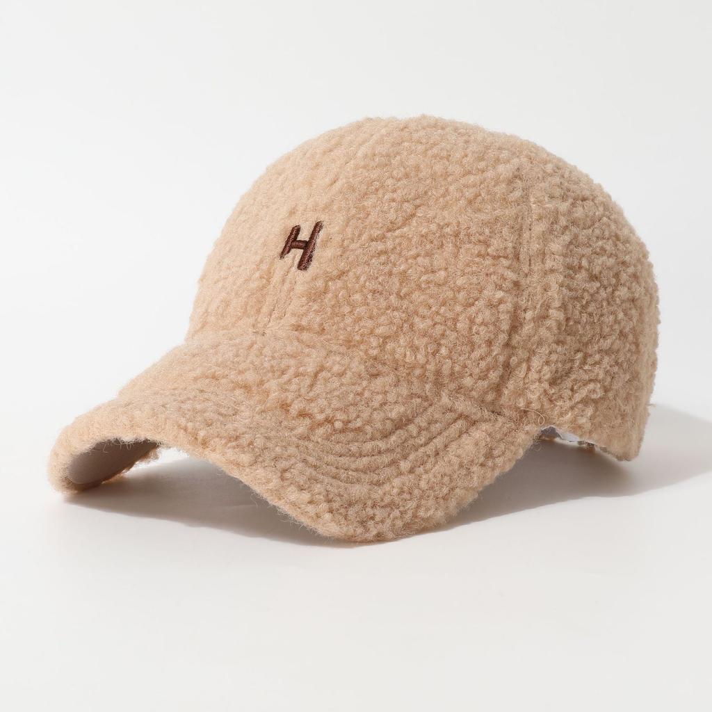 Embroidered H Letter Baseball Hat for Women In Autumn and Winter Lamb Wool Warm and Fashionable Small Peaked Hat Trendy