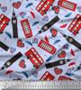Soimoi Japan Crepe Satin Fabric Bus,Telephone Booth & London Clock Tower Architectural Print Sewing Fabric Metre 42 Inch