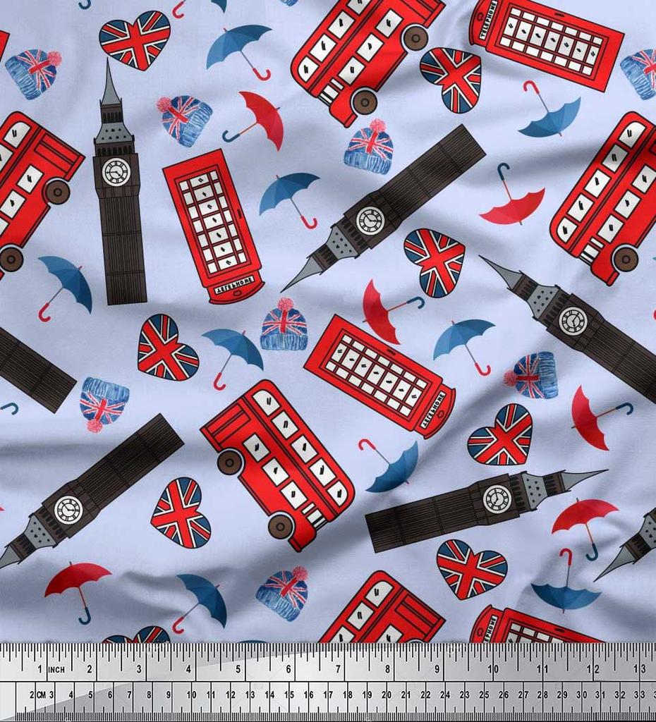 Soimoi Japan Crepe Satin Fabric Bus,Telephone Booth & London Clock Tower Architectural Print Sewing Fabric Metre 42 Inch