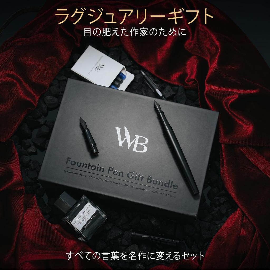 Sada plnicího pera Wordsworth Black s 18karátovým zlatým hrotem střední a extra jemné šířky, 25ml černý inkoust, 6 inkoustových náplní, dárkové pero, dárek pro muže a ženy & hroty, lahvička,