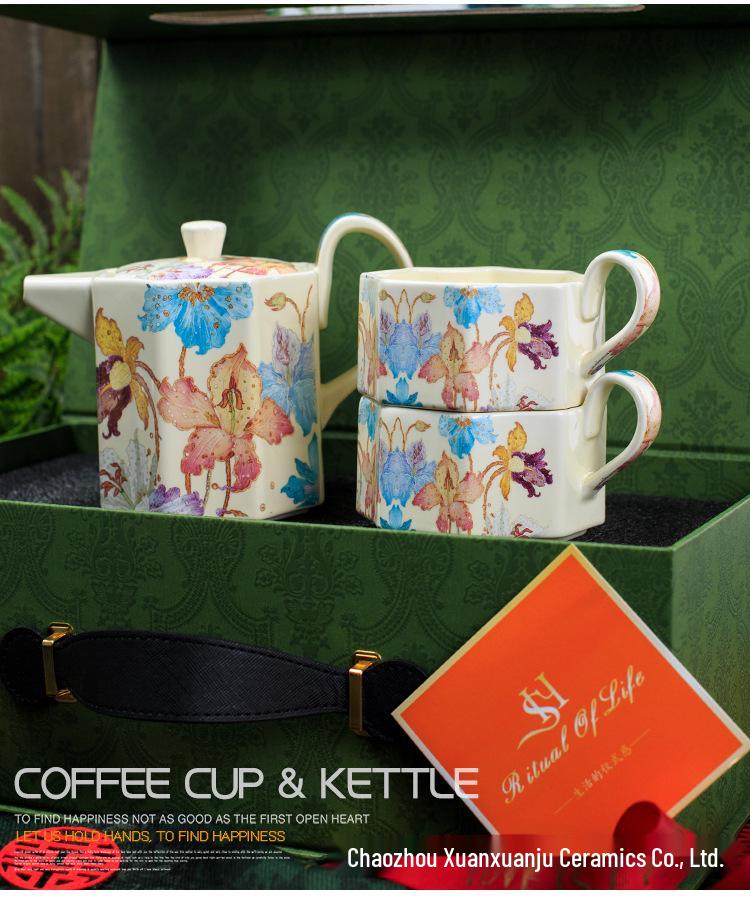 Vintage High-End Coffee Cup & Saucer Set, Octagonal Floral Mug Pair with Coffee Pot Gift Box
