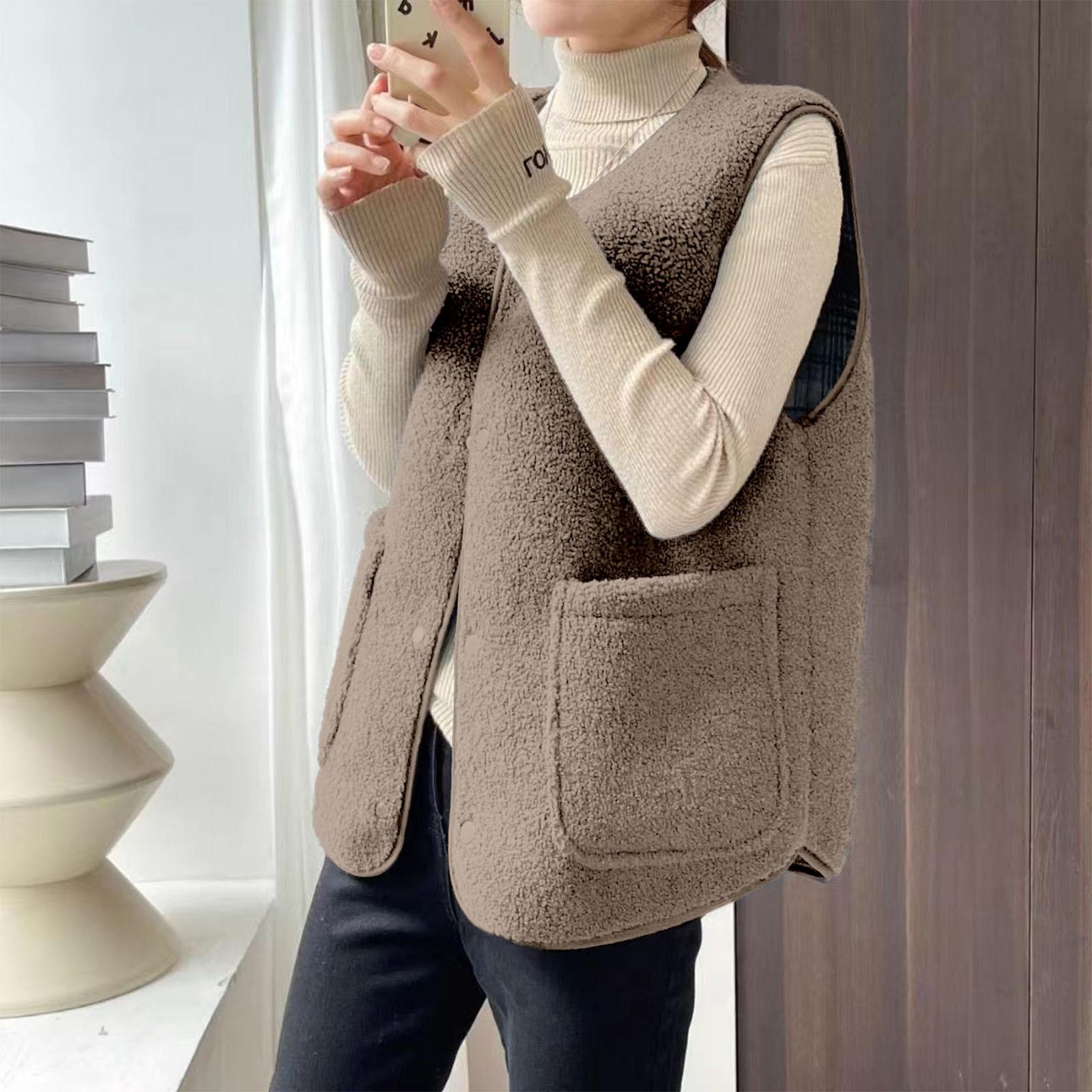 

Женский осенне-зимний жилет из искусственной овечьей шерсти в клетку с круглым вырезом, двусторонний жилет из зернистого флиса XXL кофейный