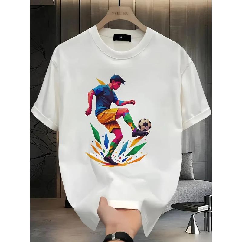 European Size Men's 180g Heavyweight Pure Cotton T-Shirt - Breathable Soccer Graphic Print Round Neck Casual Streetwear Tee