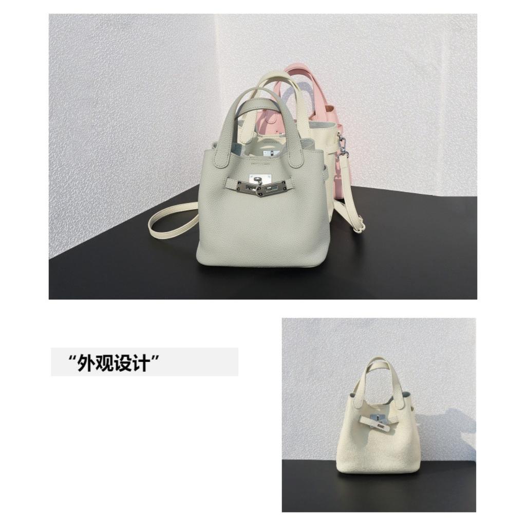 Top layer cowhide handbag genuine leather lychee pattern vegetable basket bag simple and lightweight versatile shoulder bag women's bag