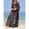 Plus Size Sexy Cover Up, Feminino Sólido Preto Transparente Renda Manga Batwing Amarrar Costas Solto Ajuste Maxi Praia Kaftan Vestido Sem Biquíni