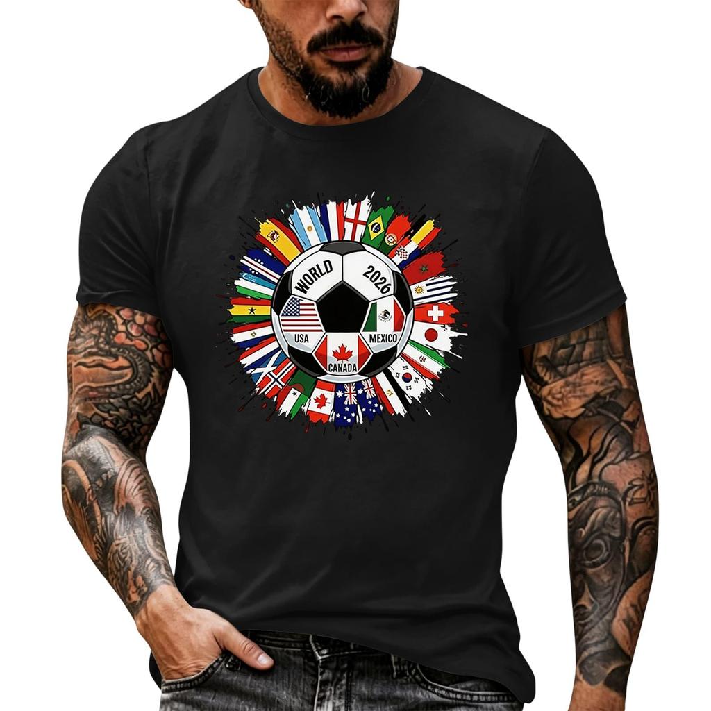 Men's Basic Crew Neck Short Sleeve T Shirt Loose Fit Casual Summer Top Soccer Ball and International Flags Graphic Print