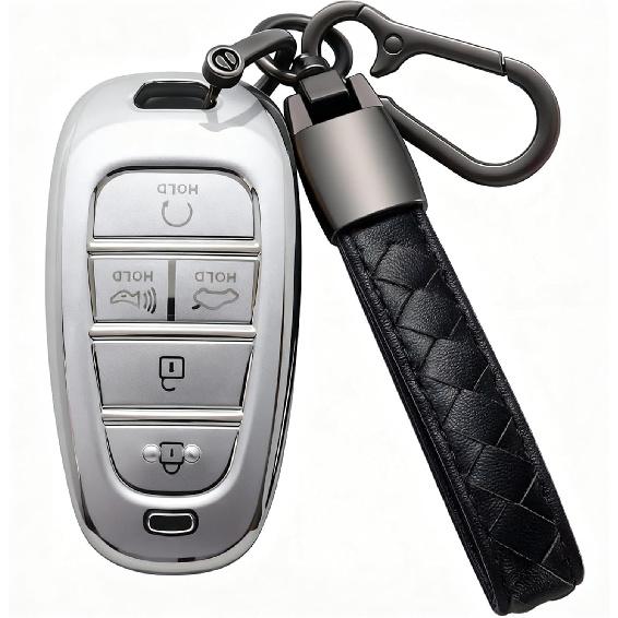 for Hyundai Key Fob Cover with Leather Keychain Soft TPU Full Protection Key Case Shell Holder Compatible with 2024 2023 2022 2021 Sonata Santa fe
