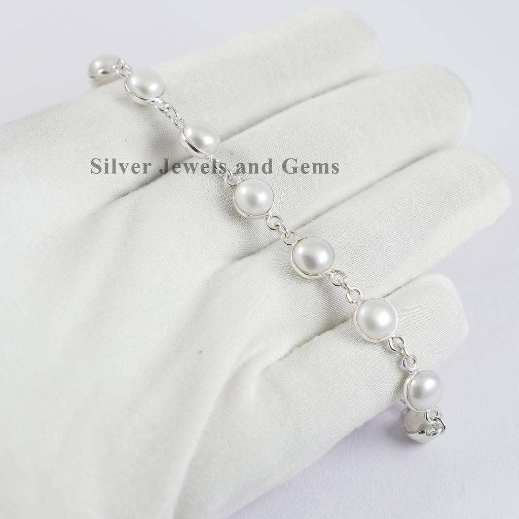 Natural Fresh Water Pearl Bracelet, 925 Sterling Silver Bracelet, Handmade Bezel Bracelet, Round Pearl Bracelet, Gift for Daughter