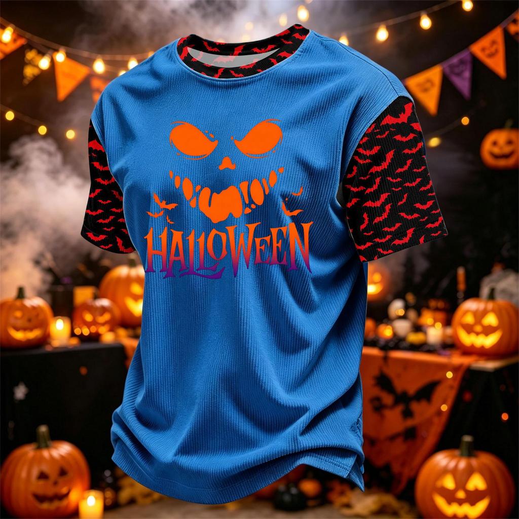Men's Casual Corduroy Round Neck Lightweight Breathable Short Sleeve Top Halloween Print Lettering Design