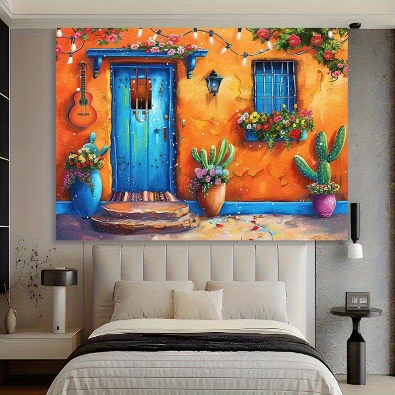Une bannière vive en polyester pour un thème de fête mexicaine - fresque colorée représentant des guitares, des fleurs, des cactus et des lanternes