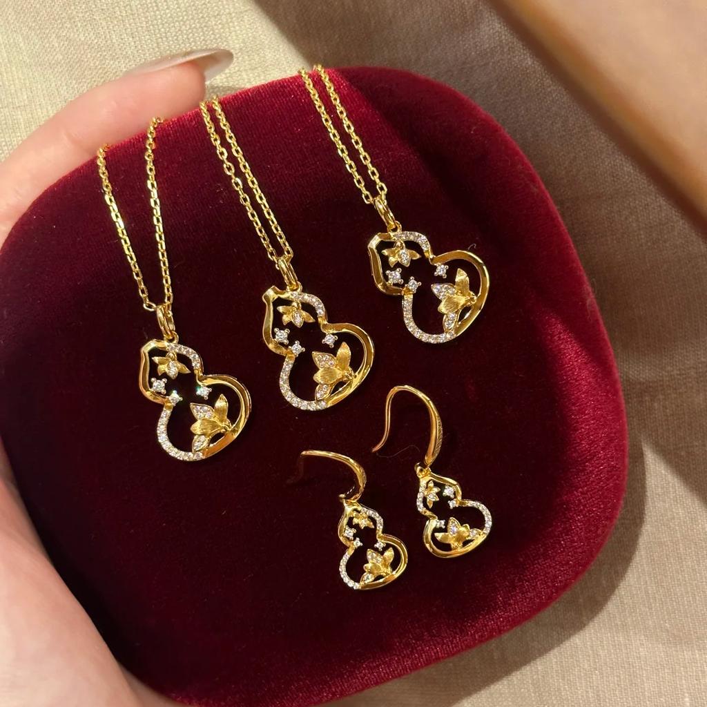 New Chinese-Style Brushed Gourd Flower Blooming Necklace Pendant Light Luxury Temperament Diamond-Set Fulu Earrings Earrings Jewelry Set Women
