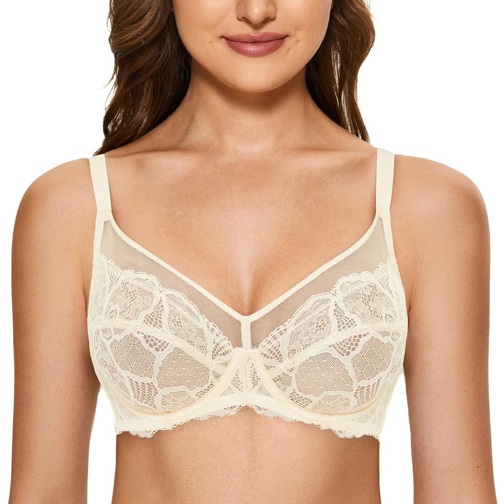 Large Size Bra for No Makes You Look H95 [DOBREVA] Women, Lace, See-through, Sexy, Underwired, Pads, Smaller, Parchment,