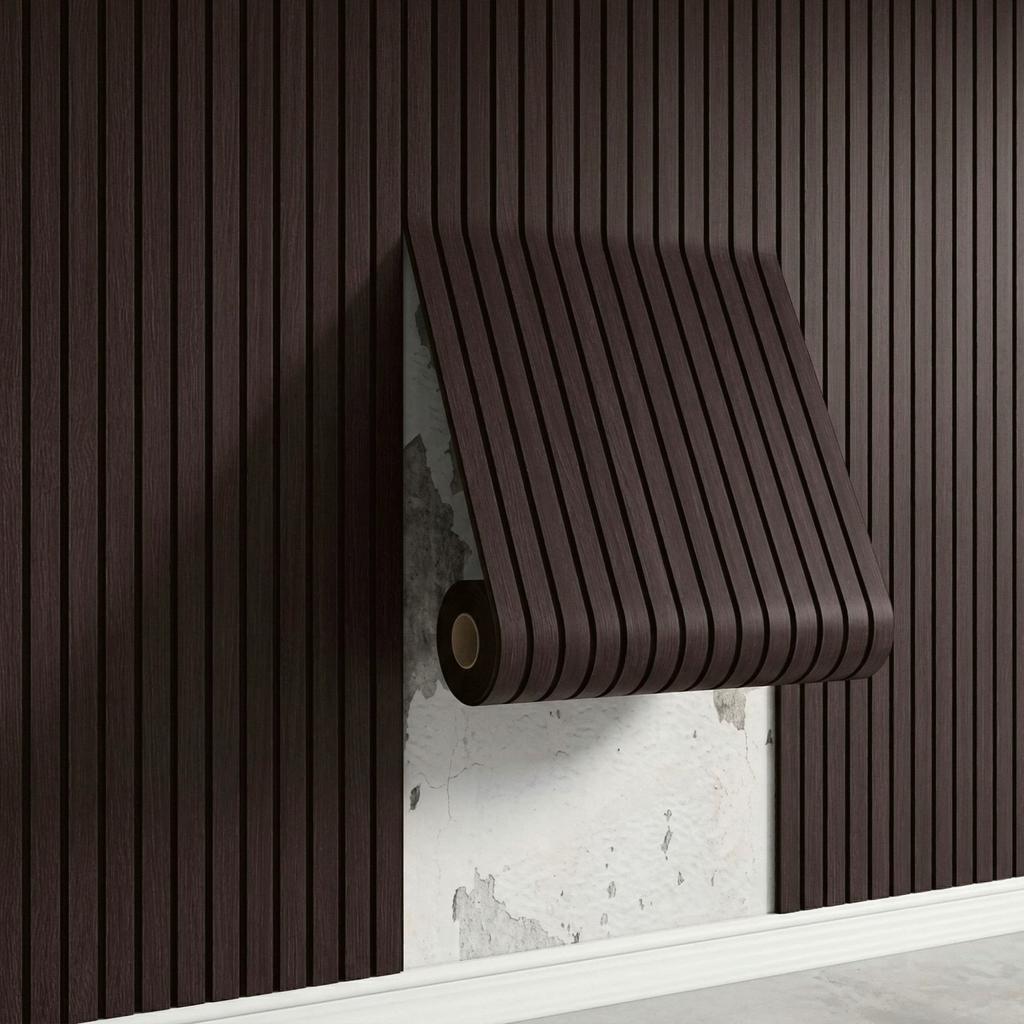 Self-adhesive Wood-grain Slat-effect Wall Sticker – 3D Grooved Grid-stripe Panel Wallpaper Roll