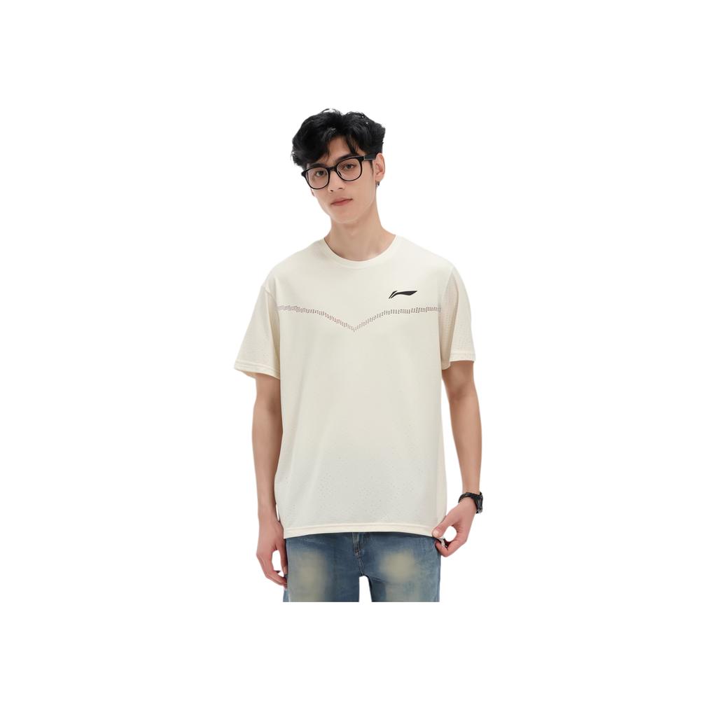 Li Ning Logo Print Schnelltrocknendes Atmungsaktives Kurzarm-T-Shirt Herren Oberteile Mondlicht-Grau ATST535-3
