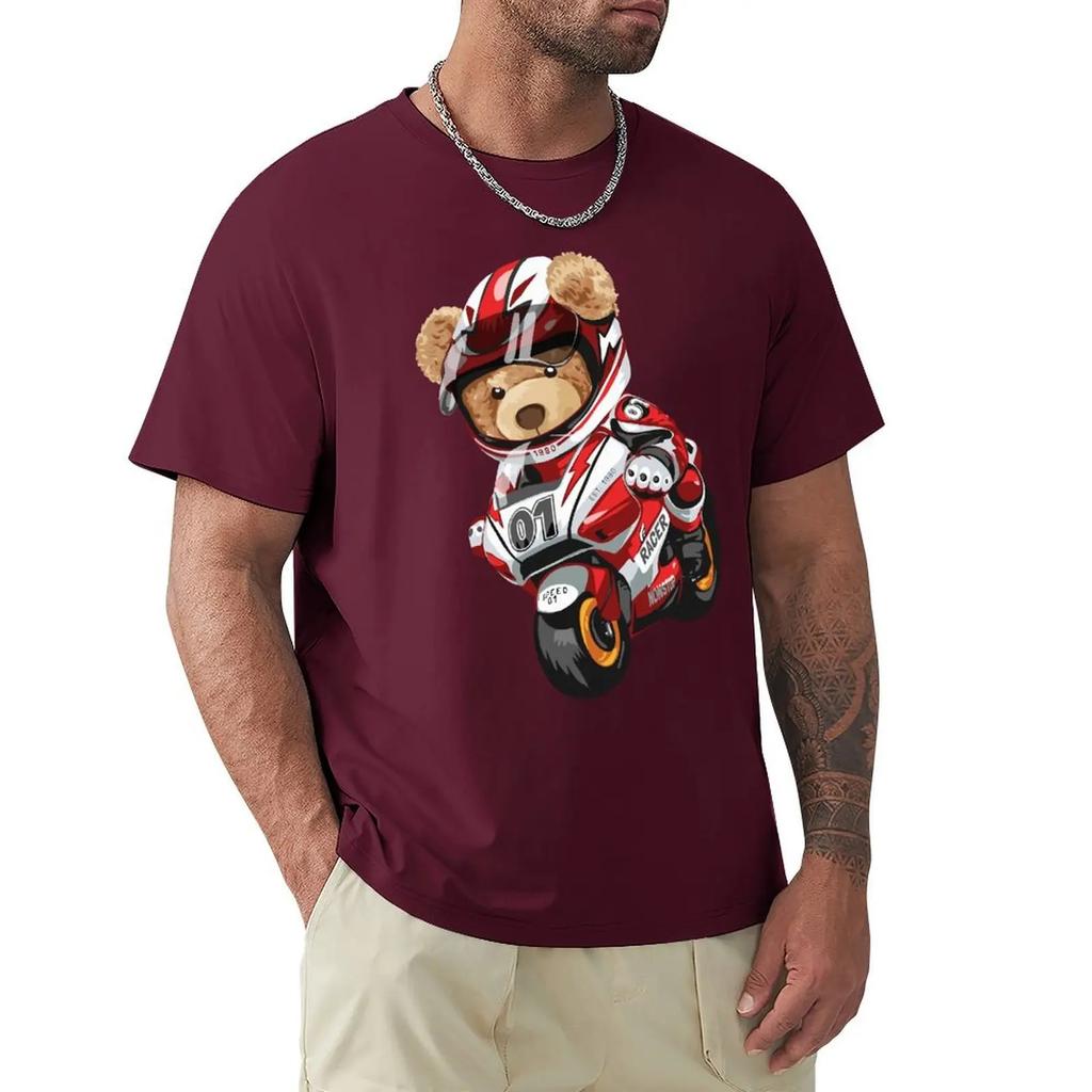 Teddy Bear Riding Racing Motorbike T Shirt Harajuku Short Sleeve T-shirt 100% Cotton Graphics Tshirt Tops