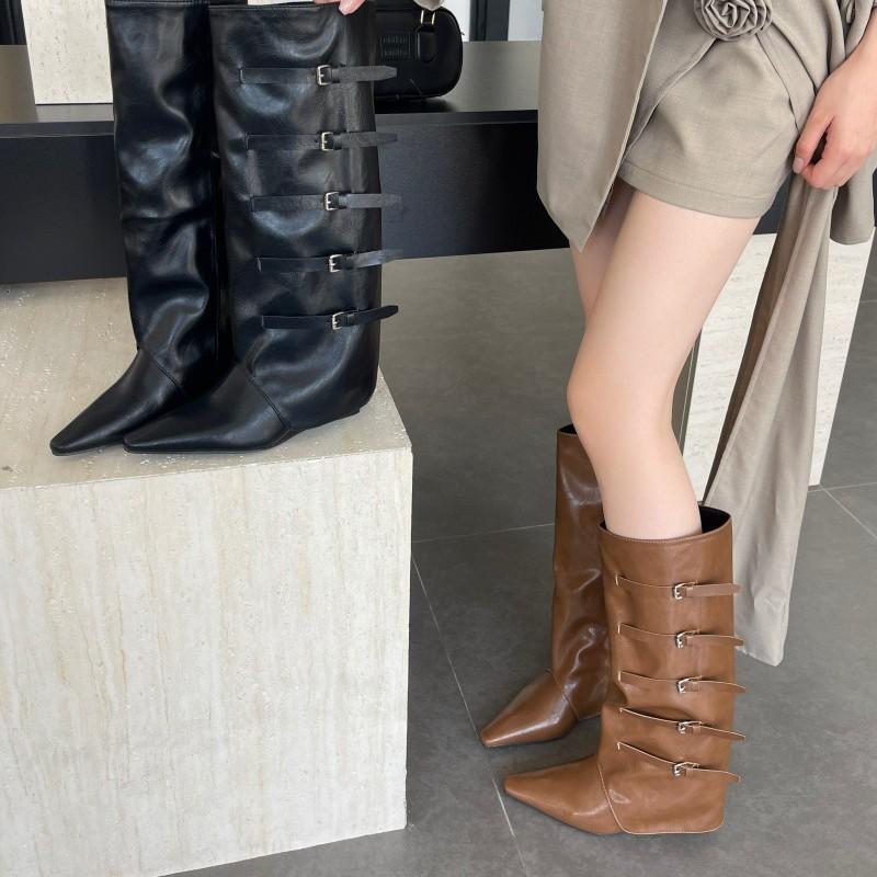 Niche Design Edition~ French Spice Girls Pointed High Heel Pants Boots Women's Retro Belt Buckle Long Wedge Heel Knight Boots