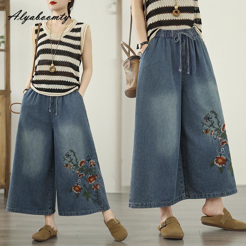 Jeans a gamba larga da donna, modello coreano, primavera estate, con coulisse, vita alta, ricami floreali, larghi, in denim, vintage, eleganti, jeans blu da donna
