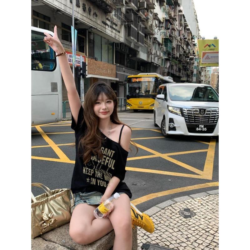 American High Street Slanted Shoulder Short-sleeved T-shirt Women In Summer Lazy Style Slim Versatile Top