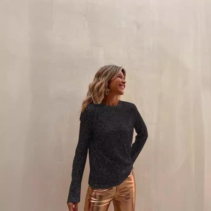 2024 European & American Sequin Mesh Slim-Fit Long-Sleeve Top