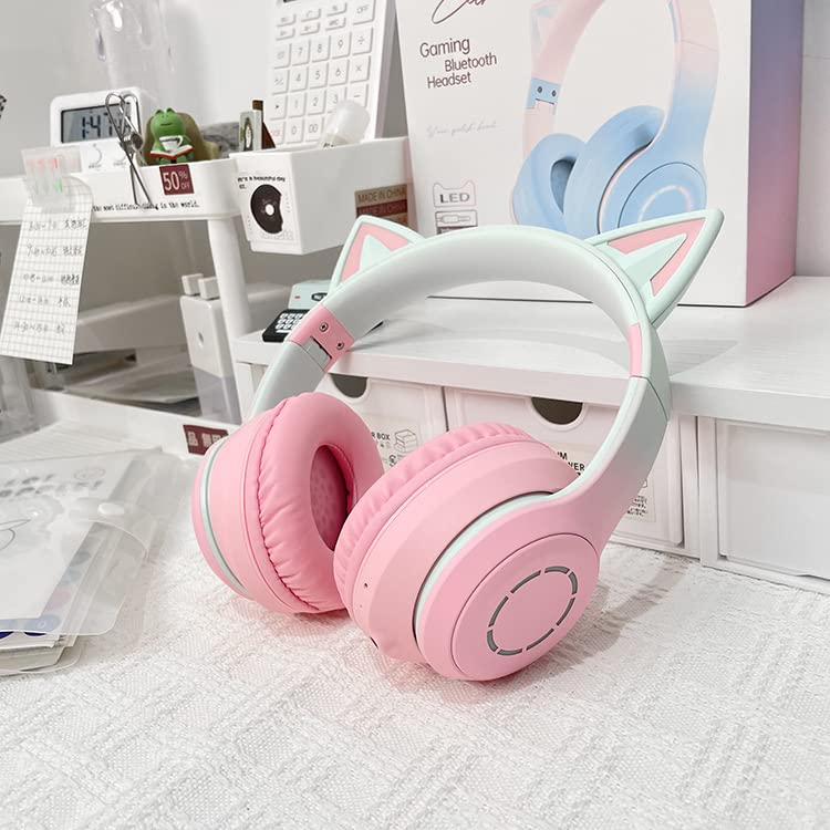 Bluetooth 5.1 Cat Ear Headphones, Wireless Headphones with LED, Sparkling, Rainbow Color Transformation, Bluetooth 5.1 Wireless, Microphone,
