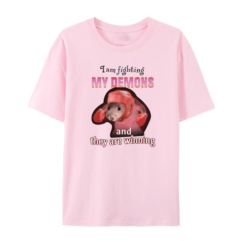 Interesting Me Fighting Against My Demon and Winning The Mouse Meme White Casual Tshirt Mens and Womens Luxury Brand Top
