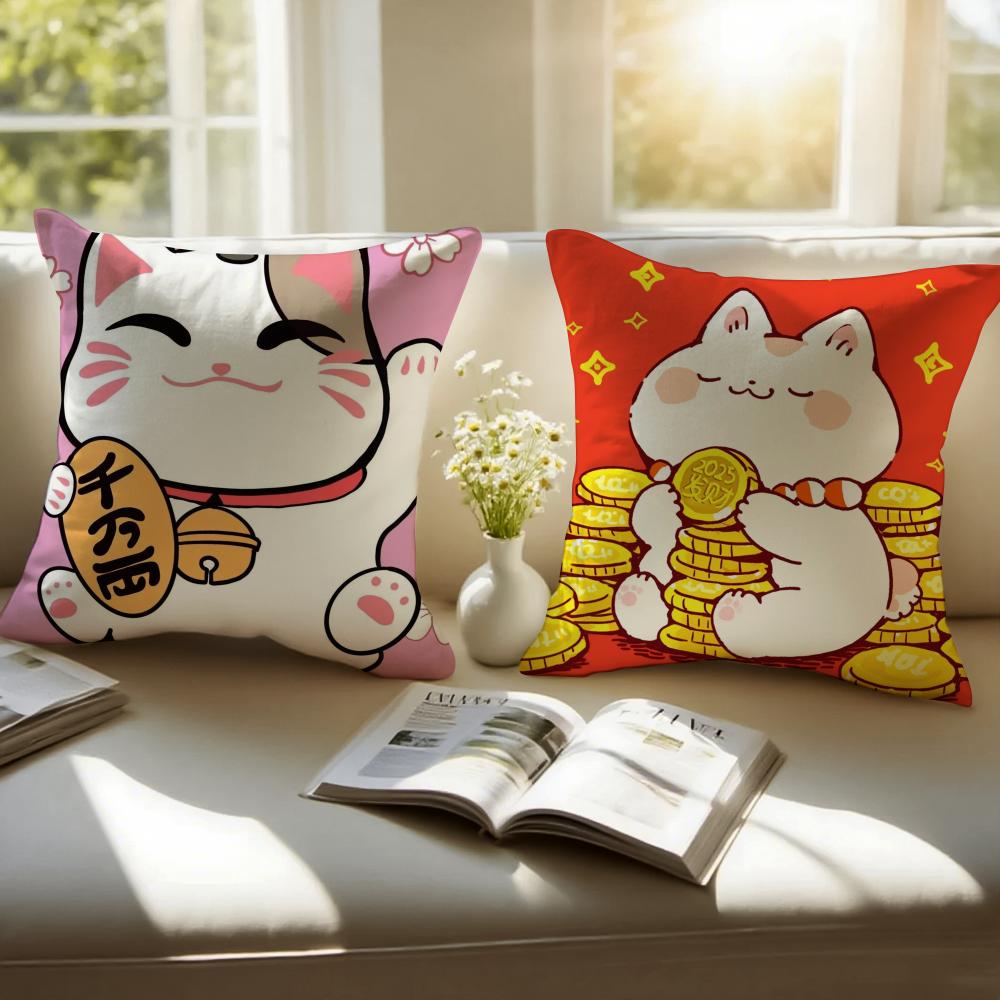 Rich Luck Maneki - Neko Cushion Cover Linen Pillowcase Cover Soft Decor For Sofa Home Room
