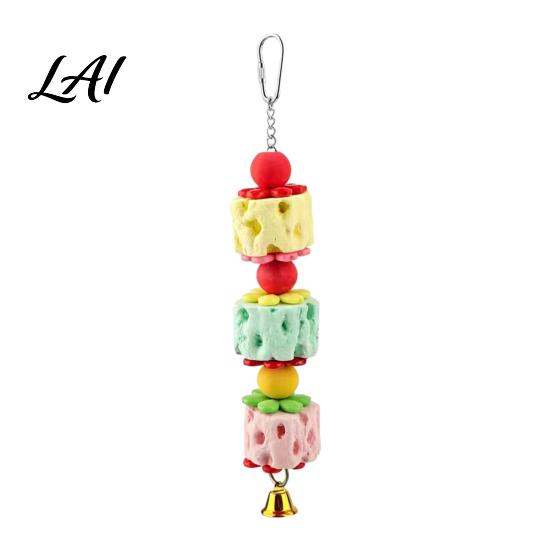 Bird Beak Grinding Stone Parrot Stone Chew Toy with Bell And Colorful Beads Cage Enrichment Toy Accessory for Budgies Cockatiels Small Medium