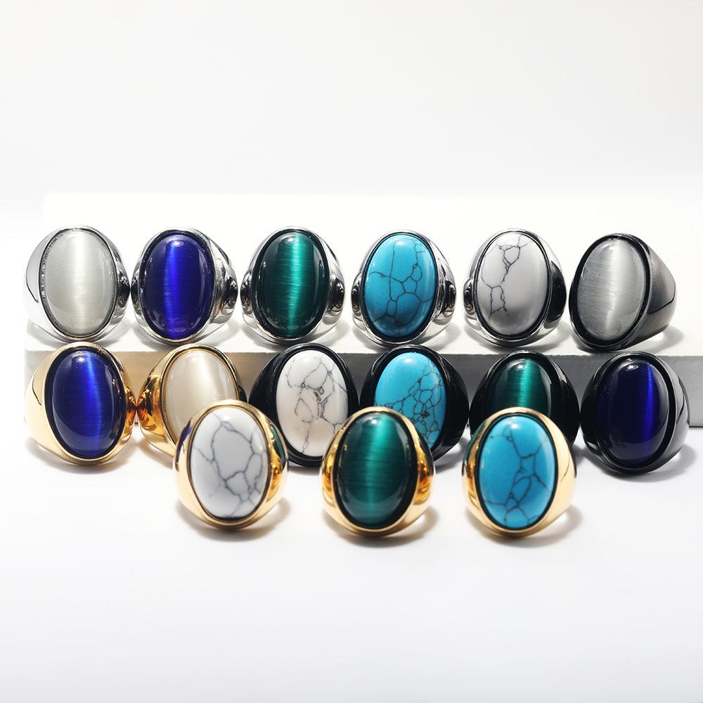 2025 Neuer Herrenring aus Edelstahl mit farbigem ovalem Edelstein Gothic Biker Hipster Schmuck für Männer Mann Geschenkidee
