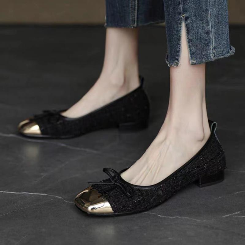 Fashion 2025 New Women's Pumps Fashion Low Heel Ballet Shoes Comfort Square Toe Shallow Lady Shoes Concise Metal Decorate Bowknot Flats