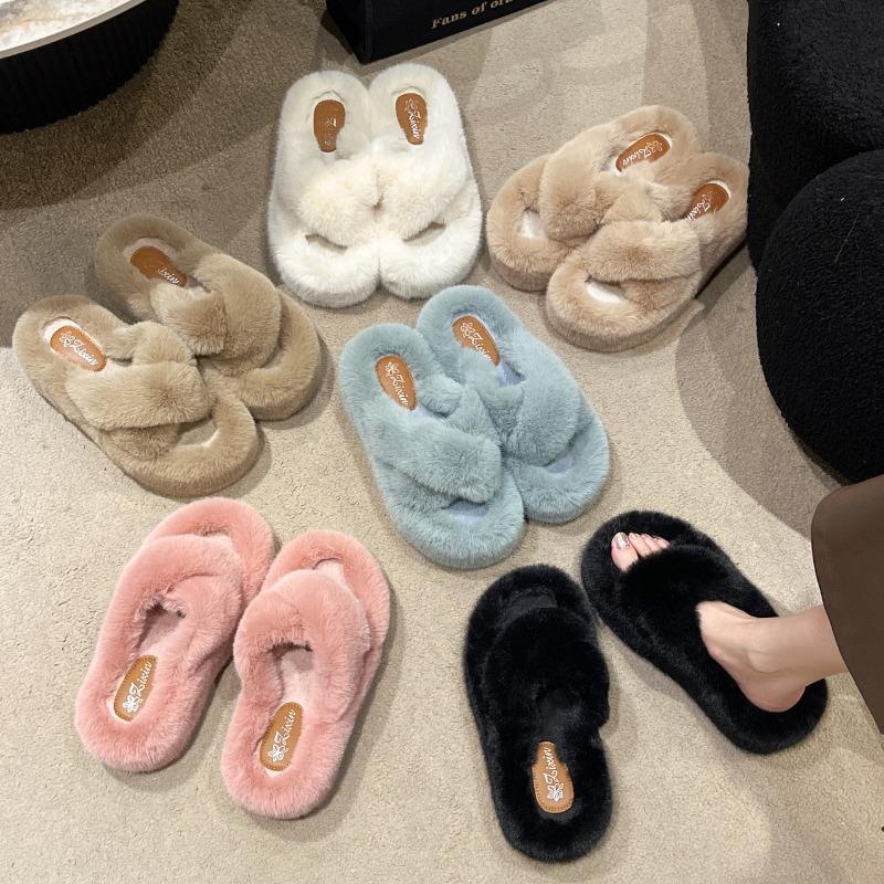 Large Size Fluffy Slippers for Women's Autumn and Winter New Home Exterior Wear with Plush Inside and Thick Bottom Cross Fluffy Mop