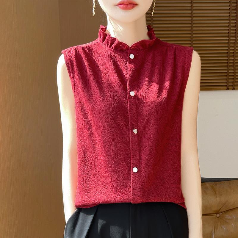Summer Lace Collar Sleeveless Shirt Women's Wooden Ear Stand-up Collar Vest Top