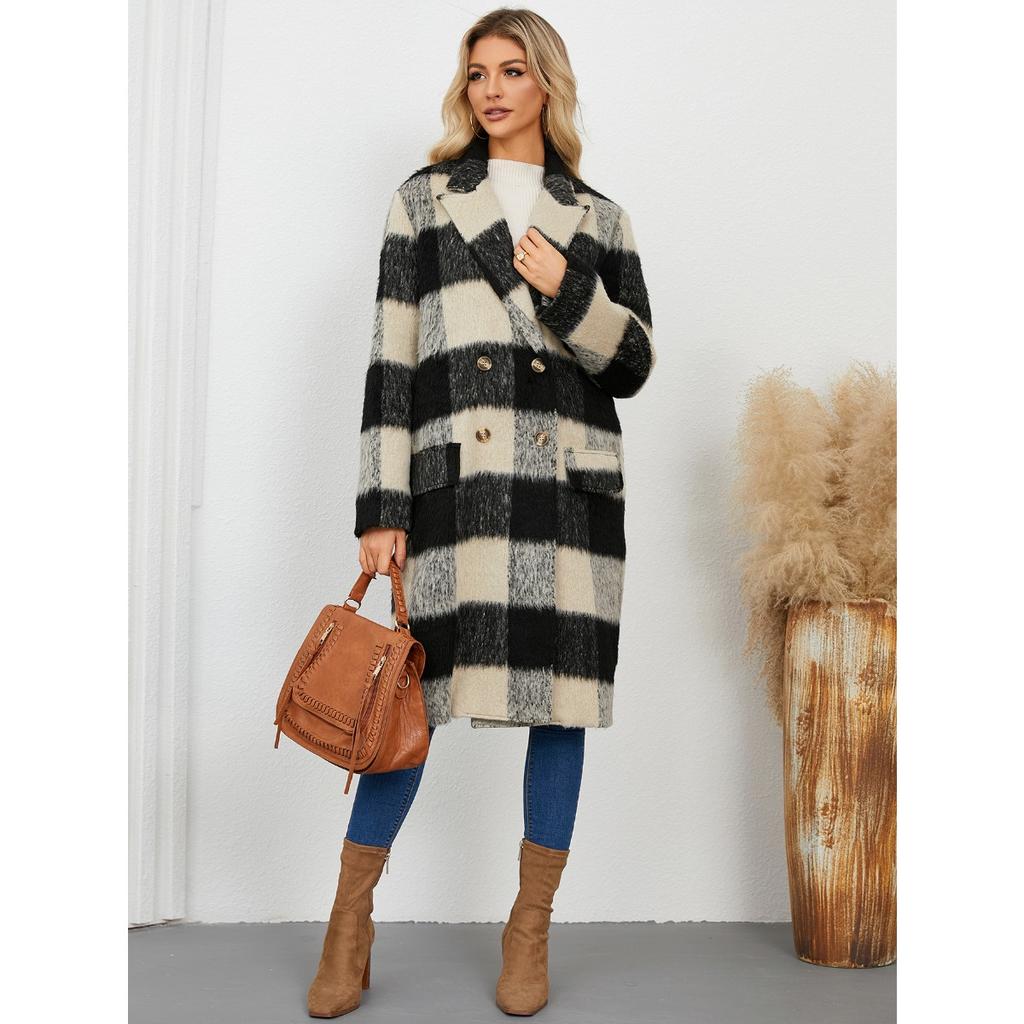 2025 Winter New Long Plaid Double-sided Wool Coat Women's Elegant Lapel Woolen Outerwear for Europe and America