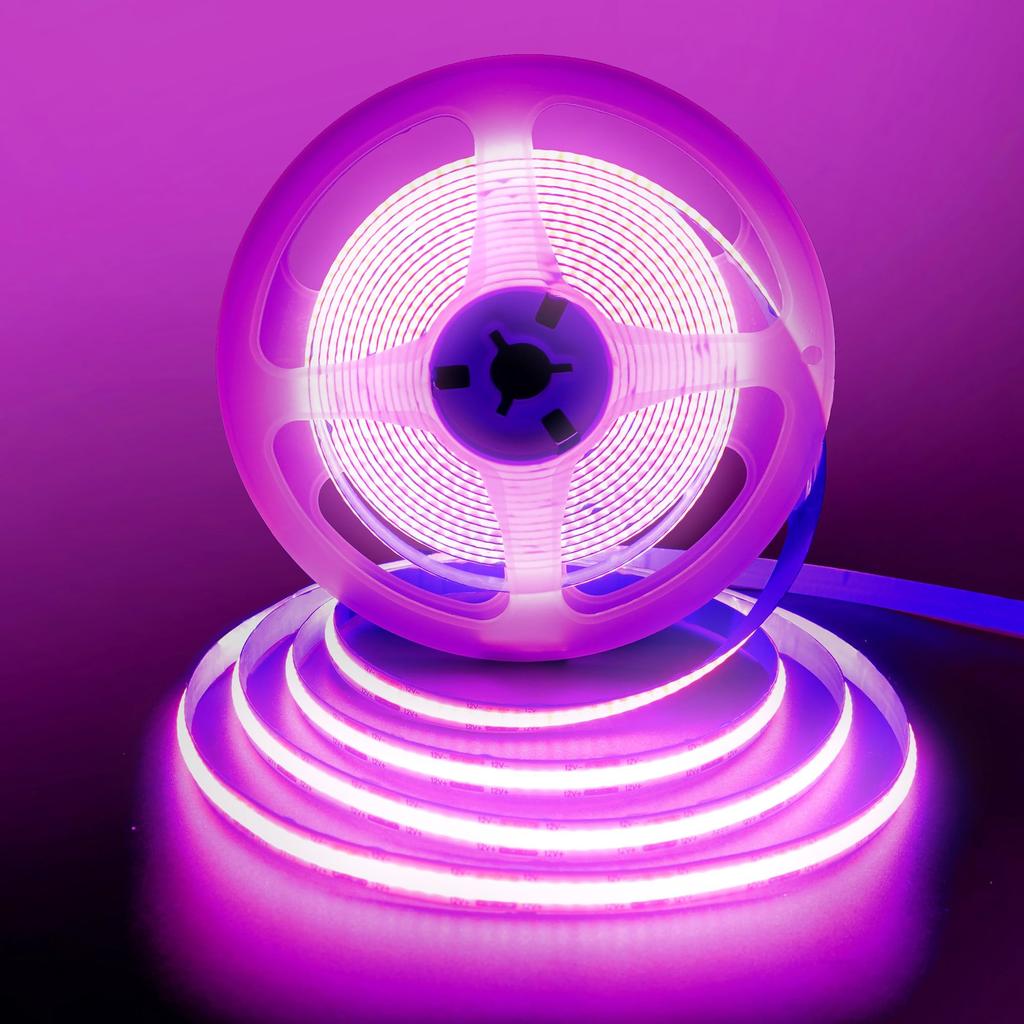 Clearhill 12V COB LED Strip Lights, 5M Purple 480 LEDsm, with 5521 DC Female Connector and RedBlack Lead Wires, 8mm Wide, Non-Waterproof IP20, 180°