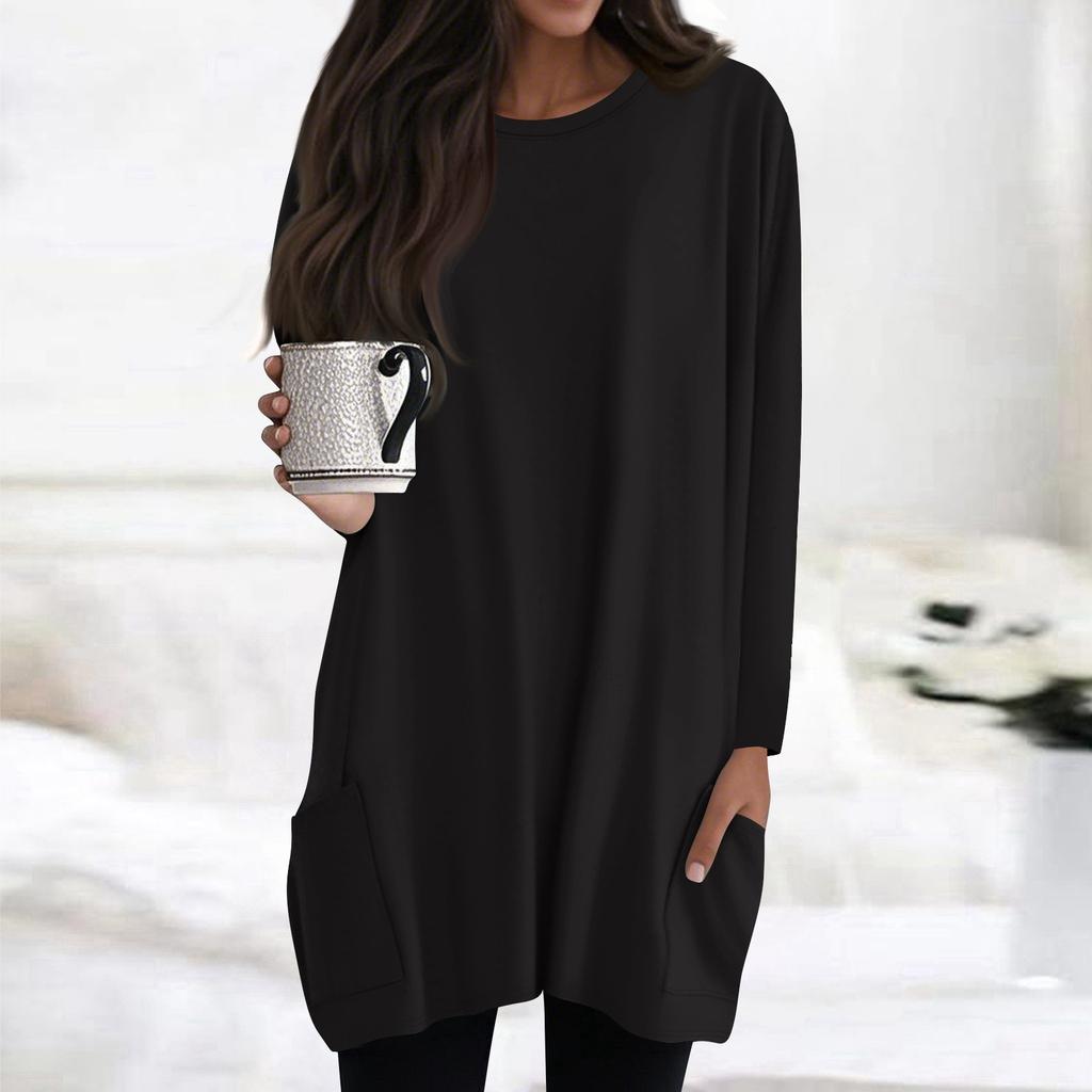 Womens Tops Round Neck Long Sleeve Blouses Casual Mid-length Shirts Fashion Print Tunic Tops With Pockets