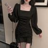 Spring and Autumn Updated Trendy Temperament Long Sleeve Waist Skinny Reducing Age Foreign Style Square Neck Sexy Dress Women